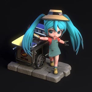 May include: A 3D rendered figurine of a character with turquoise hair and a straw hat, wearing a red shirt and green overalls. The character is standing next to a miniature hot dog cart with the words "HOT DOG" on the side. The cart has a yellow countertop and black wheels.