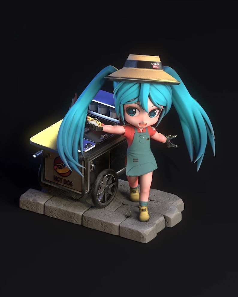 May include: A 3D rendered figurine of a character with turquoise hair and a straw hat, wearing a red shirt and green overalls. The character is standing next to a miniature hot dog cart with the words "HOT DOG" on the side. The cart has a yellow countertop and black wheels.