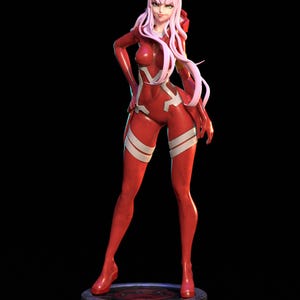 May include: A red figurine of a female anime character with pink hair and a red and white bodysuit. The figure is standing on a circular base with a black background.