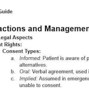 May include: A white document titled "ARRT Patient Care Study Guide" with the heading "1. Patient Interactions and Management." The text details patient rights, including consent types: Informed, Oral, and Implied.