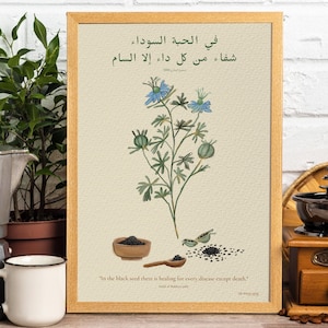 Puede incluir: Impresión botánica enmarcada con una ilustración en acuarela de una planta floreciente con flores azules y vainas verdes. Un cuenco y una cuchara de madera contienen semillas negras. La impresión incluye texto árabe y la cita en inglés.
