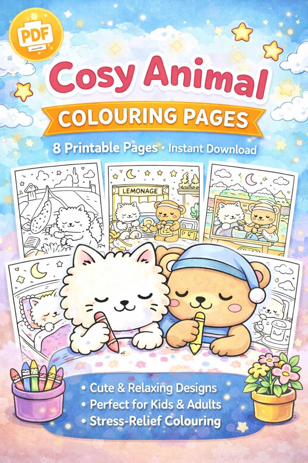 Cute Animal Friends Coloring Book – Printable PDF for Kids & Adults | 8 ...