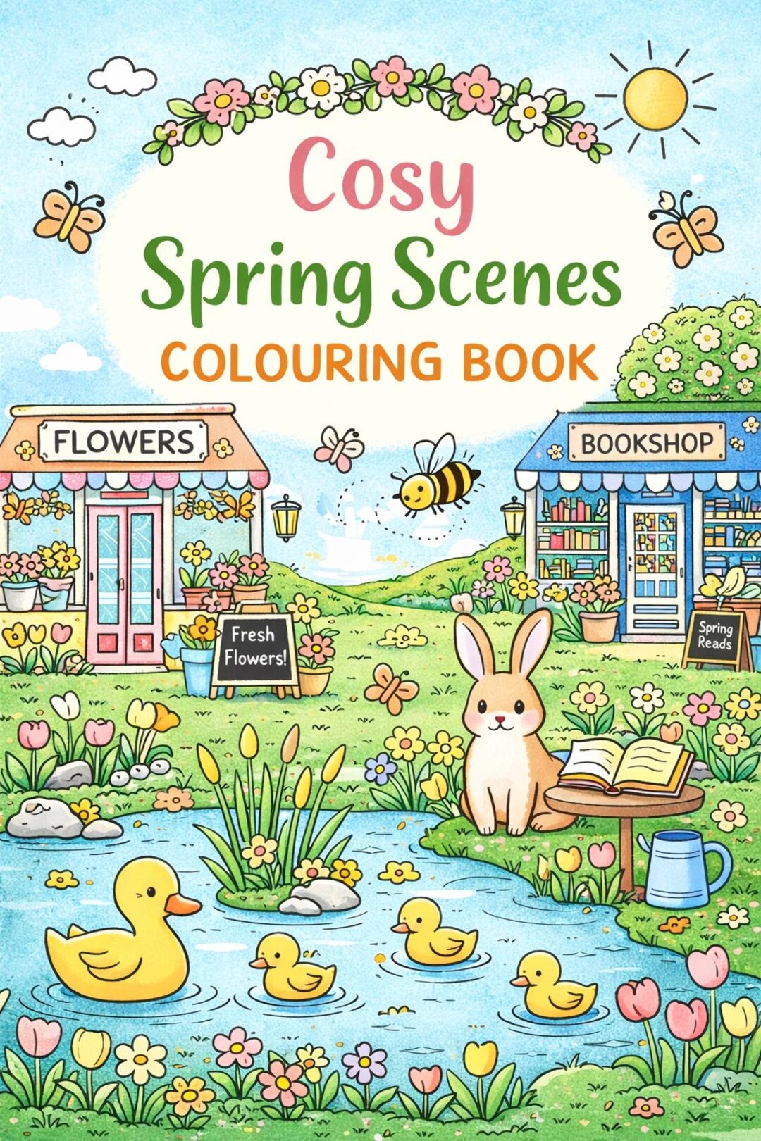 Spring Colouring Scene Simple Cosy Spring Colouring Book – Printable Digital Download, Cute Spring ...