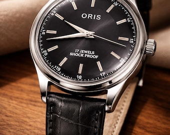 Men's Minimalist Black Dial Watch, Stainless Steel Case, Leather Strap