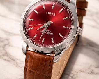 Men's Red Dial Watch | Brown Leather Strap Classic Analog Wristwatch