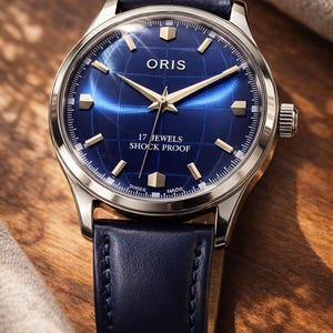 May include: A close-up of an Oris watch with a blue dial and a silver-colored case. The watch has gold-colored hands and markers. The text "17 JEWELS SHOCK PROOF" is visible on the dial. The watch has a blue leather strap.