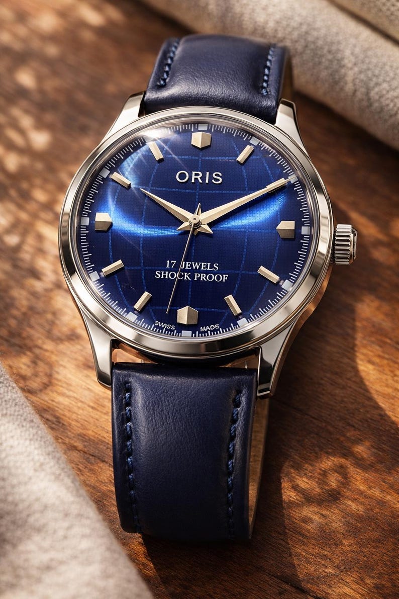 May include: A close-up of an Oris watch with a blue dial and a silver-colored case. The watch has gold-colored hands and markers. The text "17 JEWELS SHOCK PROOF" is visible on the dial. The watch has a blue leather strap.