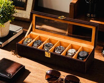 Luxury Watch Box Organizer for Men, 6 Slot Leather Watch Storage Case, Glass Top Watch Display Case, Gift for Him, Groomsmen Gift