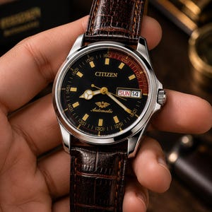 May include: A Citizen automatic wristwatch with a black dial, gold-tone hour markers, and luminous hands. The watch features a day-date window at the three o'clock position and a brown leather strap with a textured crocodile-embossed pattern.
