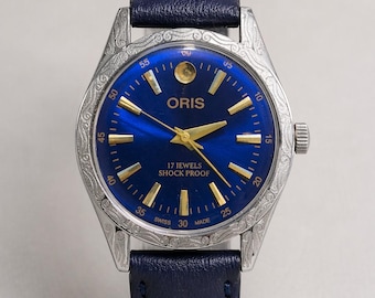 Vintage ORIS Blue Sunburst Dial Watch | 17 Jewels Mechanical, Genuine Leather Strap