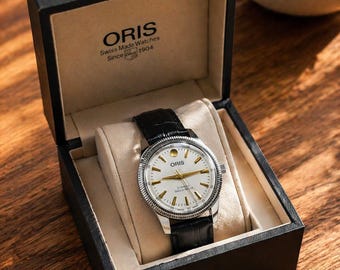Vintage Style ORIS Watch | Classic White Gold Dial Leather Strap Men's Wrist Watch