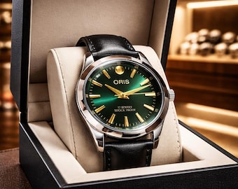 Men's Green Dial Watch | Black Leather Strap, Gold Markers, Analog Timepiece