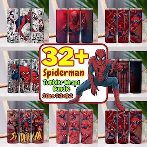 May include: A selection of Spiderman-themed tumbler wraps. The wraps showcase diverse designs, including Spiderman in action poses, comic book panels, and repeating patterns. The text "32+ Spiderman Tumbler Wraps Bundle" is also visible. Each tumbler is approximately 591ml and 23.6 x 20.8 cm.