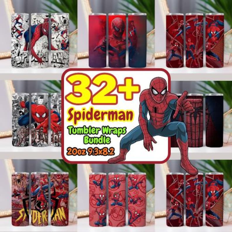 May include: A selection of Spiderman-themed tumbler wraps. The wraps showcase diverse designs, including Spiderman in action poses, comic book panels, and repeating patterns. The text "32+ Spiderman Tumbler Wraps Bundle" is also visible. Each tumbler is approximately 591ml and 23.6 x 20.8 cm.