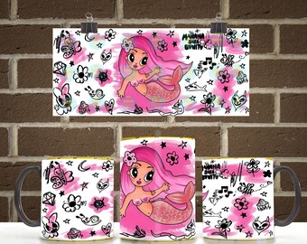 Pink Mermaid 11oz 15oz Mug Wrap PNG | Cute Fantasy Coffee Mug Sublimation Design | Ocean Girl Digital Download