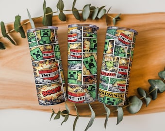 Pixel Comic Tumbler Wrap | Blocky Boom, Gamer Gift (Digital Download) | 20oz Straight & Tapered PNG