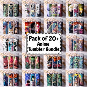 Op de afbeelding: Een verzameling cilindrische bekers met diverse anime-karakterafbeeldingen en kleurrijke ontwerpen. Elke beker bevat een metalen rietje. De centrale tekst luidt: Pack of 20+ Anime Tumbler Bundle. De items worden weergegeven in een rasterformaat.