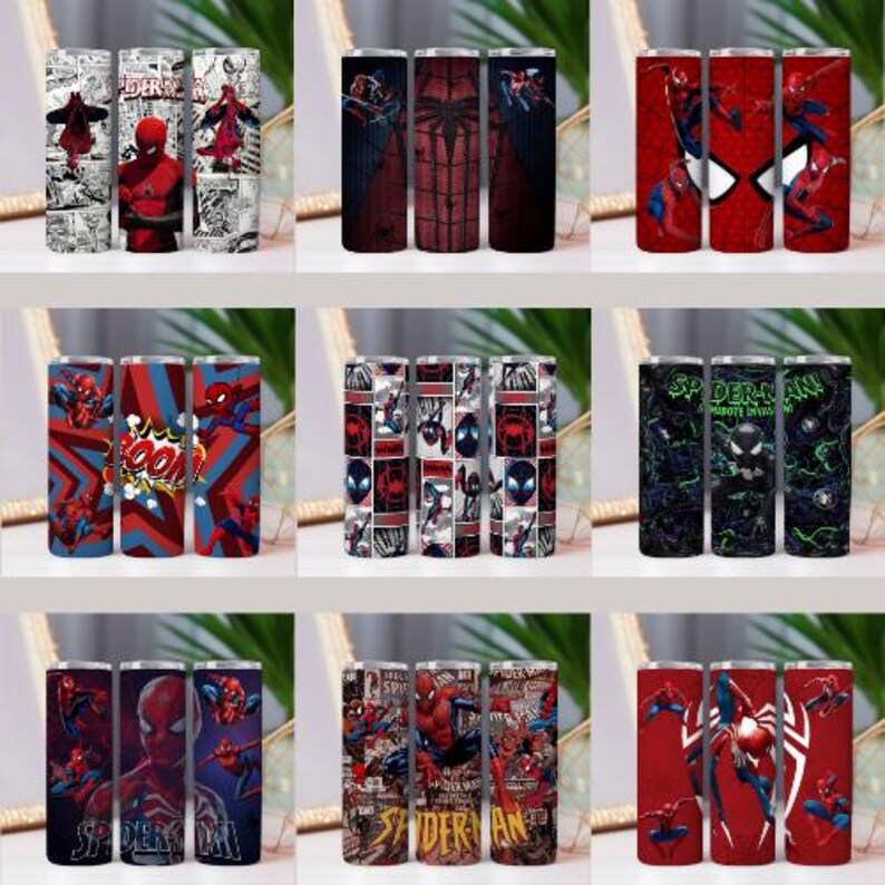 May include: Nine stainless steel tumblers with Spider-Man designs. The tumblers display comic book art, action poses, and the Spider-Man logo in red, blue, black, and white. Each tumbler is cylindrical in shape.