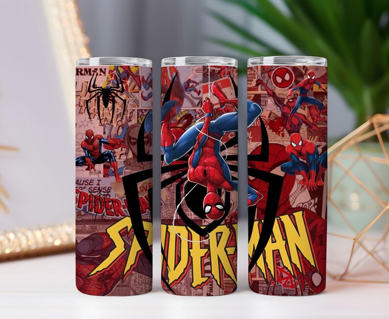 May include: Three stainless steel tumblers with a Spider-Man comic book design. The design features Spider-Man in action poses, comic book panels, and the words "Spider-Man" in yellow and red. The background is a collage of red and brown.