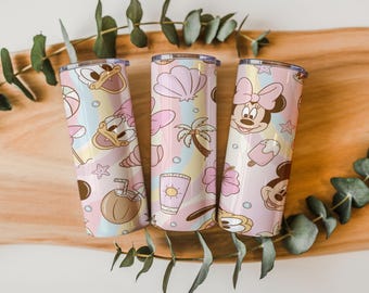 Pastel Summer Mouse Friends 20oz Skinny Tumbler Wrap PNG | Cute Beach Cartoon Sublimation Design | Digital Download
