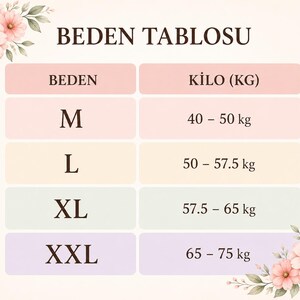 May include: A size chart in Turkish, with the title "BEDEN TABLOSU". The chart lists sizes M, L, XL, and XXL, with corresponding weight ranges in kilograms: 40-50 kg, 50-57.5 kg, 57.5-65 kg, and 65-75 kg. Floral accents frame the chart.