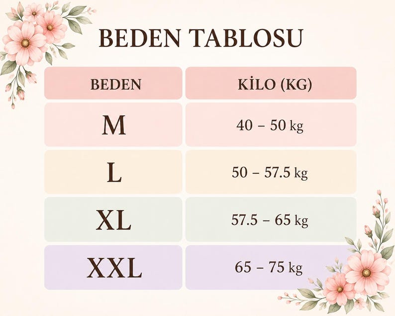 May include: A size chart in Turkish, with the title "BEDEN TABLOSU". The chart lists sizes M, L, XL, and XXL, with corresponding weight ranges in kilograms: 40-50 kg, 50-57.5 kg, 57.5-65 kg, and 65-75 kg. Floral accents frame the chart.