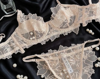 Conjunto de lencería de encaje floral, conjunto de sujetador y braguita bordados transparentes, lencería romántica, conjunto de ropa interior delicada, lencería nupcial, regalo para ella.