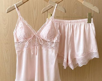 Satin Lace Cami Shorts Pajama Set, Romantic Bridal Sleepwear Lingerie