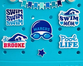 Swimming Charms For Bogg Bags, Swim Cap, Goggles, Personalized Sports Bits, Swim Mom, Pool Bag Accessories, Tote Bag Pop In Buttons