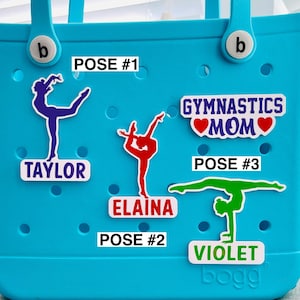Personalized Female Gymnast Bogg Charms, Hand Stand, Splits, Gymnastics Pose Bogg Bits, Gymnastics Mom Pop In Button, Purse Charms