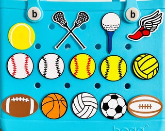 Sports Bogg Bag Charms, Basketball, Volleyball, Tennis, Golf, Track & Field, Softball, Baseball, Water Polo, Rugby, LAX, Softball, Soccer