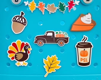 Bogg Thanksgiving Turkey Bits, Farmhouse Truck and Pumpkin, Pumpkin Spice Latte Bogg Charm, Autumn Leaves, Pumpkin Pie Slice, Acorn Tote Bag