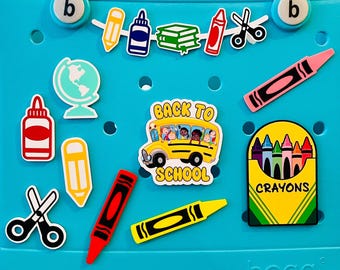 School Supplies Bogg Bag Charms, School Bus, Crayons, Teacher Appreciation, Box of Crayons, Glue, Scissors, Pencil, Book Stack, Bogg Garland