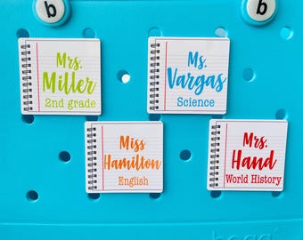 Personalized Teacher Notebook Bogg Charm, Custom School Bogg Bits, Teacher Appreciation Gift, Back To School, Bogg Bag Accessories