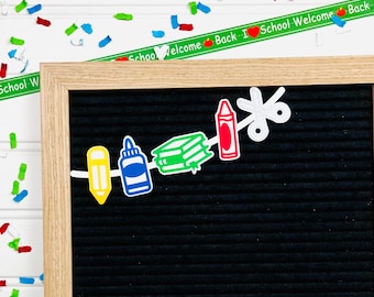 Letter Board School Supplies Garland, First Day Of School Sign, Back To School Photo Props, Pencil, Glue, Book Stack, Crayon, Scissors