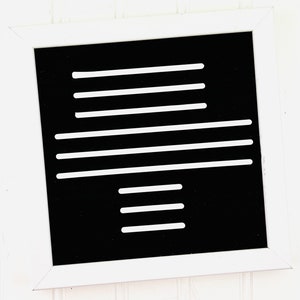 May include: A square sign with a white frame and a black background featuring eight horizontal white lines of varying lengths arranged in a centered pattern, with three short lines at the top, three long lines in the middle, and three short lines at the bottom.