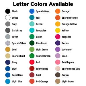 May include: A colour chart titled "Letter Colors Available" displays a variety of colours, including black, white, grey, and various shades of blue, green, and red. Each colour is represented by a coloured circle with its name next to it.