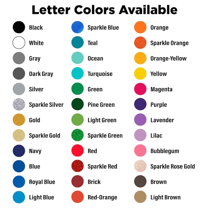 May include: A colour chart titled "Letter Colors Available" displays a variety of colours, including black, white, grey, and various shades of blue, green, and red. Each colour is represented by a coloured circle with its name next to it.