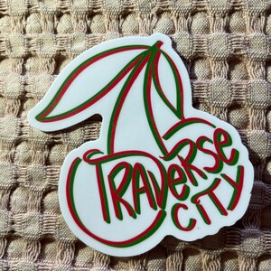 Handdrawn Traverse City Cherry Vinyl Sticker, 3" x 2.9"