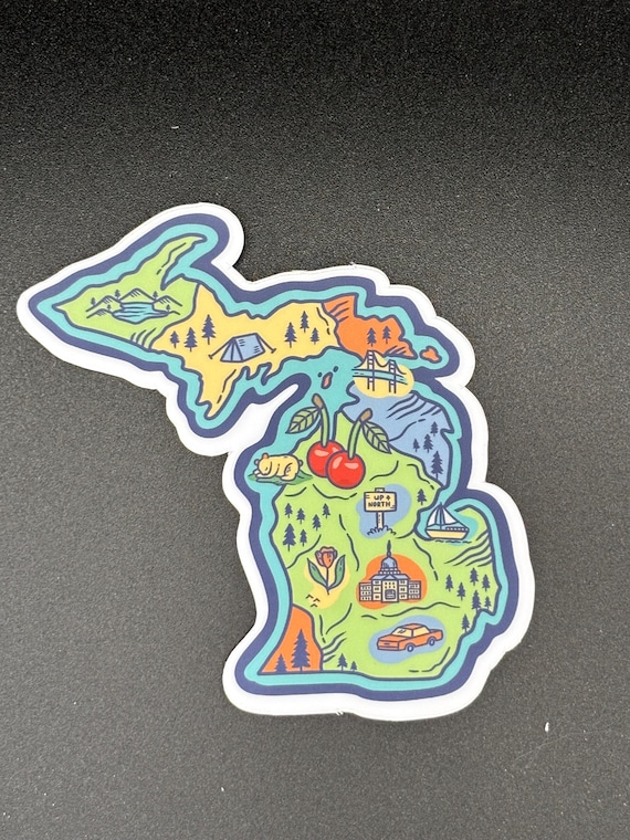 Illustrated Michigan adventure-map sticker with lakes and landmarks