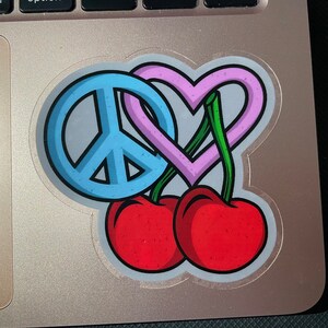Peace, Love, Cherry Icons Clear Vinyl Sticker, 3" x 2.9"