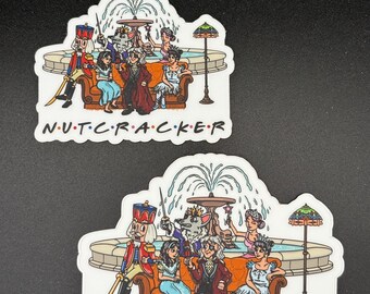 May include: Two stickers featuring a cartoon illustration of characters from The Nutcracker ballet. The characters are seated on a brown couch in front of a fountain. The text "N.U.T.C.R.A.C.K.E.R" is printed at the bottom of each sticker.