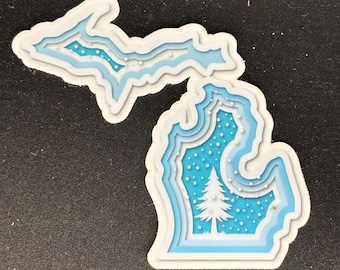 Michigan Winter Sticker, Layered Paper Cut Michigan Sticker, Snowy Michigan Vinyl Sticker, Up North Michigan Gift