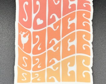 May include: A square sticker with the word "DANCE" in a wavy, retro font, in shades of orange and peach. A small ballerina silhouette and a heart are included in the design. The sticker has a white border.