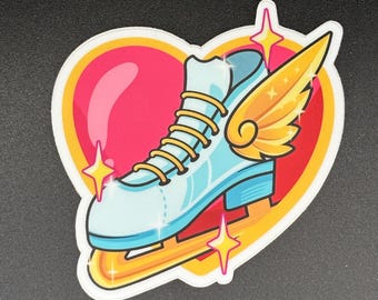 May include: A sticker featuring a light blue ice skate with gold laces and a gold wing, set against a pink heart and gold accents. The design includes sparkling star details, creating a whimsical and eye-catching aesthetic.