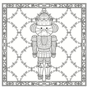 May include: Black and white illustration of a nutcracker soldier with a crown, detailed uniform, and a mouse-like face. The background features a floral pattern within a decorative border, suitable for coloring.