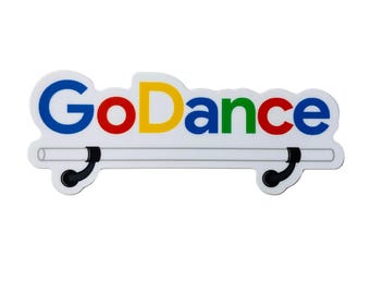 May include: A white sticker with the word "GoDance" in colorful letters. The letters are blue, red, yellow, and green. The sticker has a white bar with two black brackets on either side.