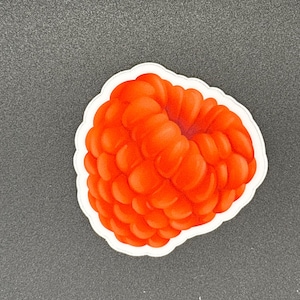 May include: A vibrant, realistic sticker of a ripe raspberry. The sticker features a detailed illustration of the red fruit with a white border, set against a gray background. The raspberry's texture and color are emphasized.