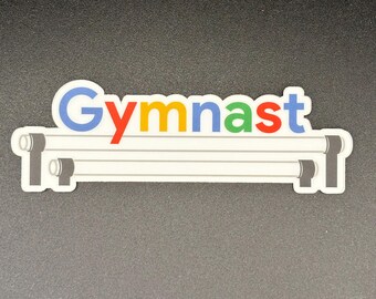 May include: A white sticker with the word "Gymnast" in blue, red, yellow, and green, above a stylized illustration of a gymnastics bar. The sticker has a black border and is set against a dark gray background.
