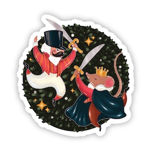 May include: A Nutcracker soldier in a red and white uniform with a black hat and a toy sword fights a mouse king wearing a blue cape and a gold crown. They are both standing on a green background with gold stars.